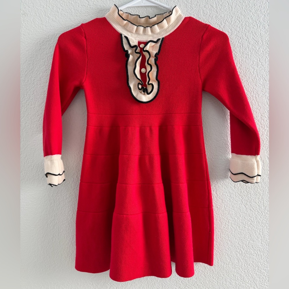 Girls Red Long-sleeve Knit Dress, Vintage Style, Flare Skirt, Ruffles, Sz Small